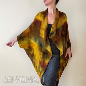 Kardigan kokon z wełny merino w brązach z żółtym, sweter wełniany