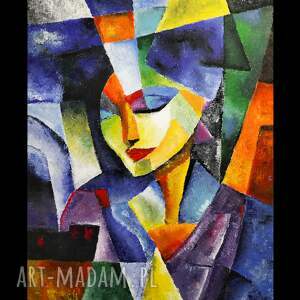 Kubistyczny portret akrylowy, duży obraz, kobieta