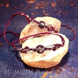 mroczny ogród larvikit w makramie komplet pleciony bordowo srebrna kamienie