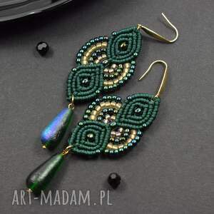 kolczyki w odcieniach butelkowej zieleni i złota z zieloną kroplą