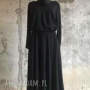 czarna elegancka sukienka, maxi, długa, elegancka, lejąca, wyszczuplająca