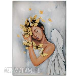 100 ręcznie malowany anioł na płótnie - 50x70 cm motyle obraz strukturalny