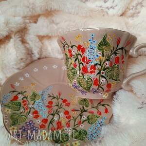 ceramika wiosenny komplet ręcznie malowany kwiaty łąka, malowana porcelana kubek