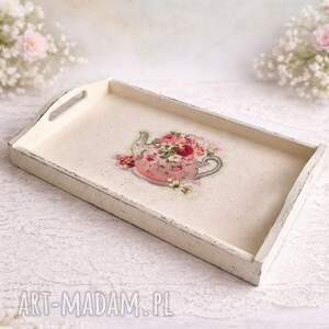 dom duża, kremowa drewniana taca w stylu shabby chic, romantycznym