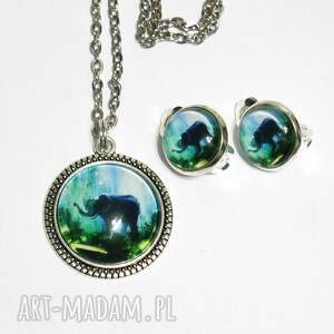 naszyjnik i klipsy - słoń, dżungla, komplet niej prezent