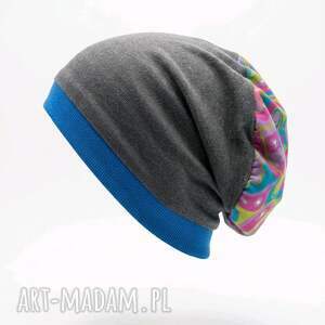Czapka smerfetka damska handmade - szara, kolorowa