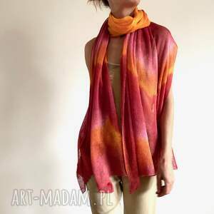 Lniany szal damski orange & red - ręcznie barwiony unikat 100% lnu
