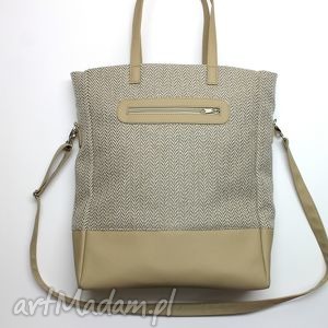 shopper bag - tkanina w jodełkę i skóra cappuccino elegancka, nowoczesna