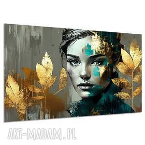 Obraz kobieta 45 - turkus i złoto glamour 120x80