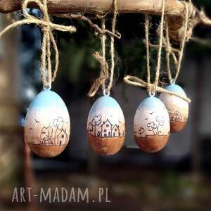 ręcznie robione dekoracje wielkanocne 4 drewniane jajka - zawieszki, pisanki, ręcznie