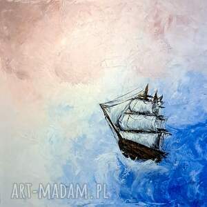 statek w chmurach - obraz olejny na płótnie, 60x60 cm, krajobraz abstrakcja