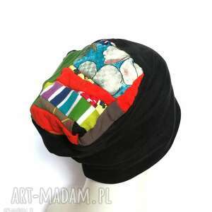 hand-made czapki czapka damska czarna patchwork etno