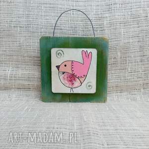 obrazek na drewnie rose bird, prezent handmade ptaszkiem, dekoracja