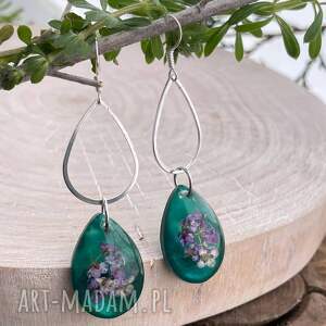 krople z naturalnymi kwiatami k461, długie kolczyki turkusowe kolczyki
