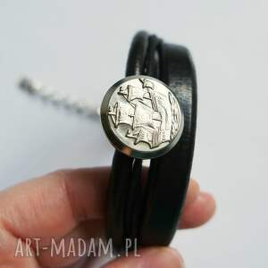 Prezent Bransoletka skórzana - Żaglowiec - unisex, czarna, marynarska