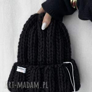 gruba wełniana czapka czarna beanie 100 wełna handmade, czarna czapka, gruba
