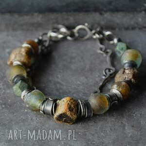 srebrna bransoletka, surowy bursztyn, szkło antyczne, epidot srebro