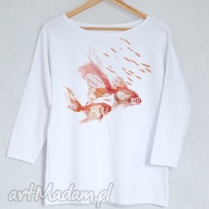 ryby bluzka bawełniana oversize s/m biała, koszulka, nadruk
