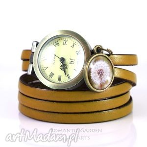 handmade bransoletka, zegarek - dmuchawiec musztardowy, skórzany