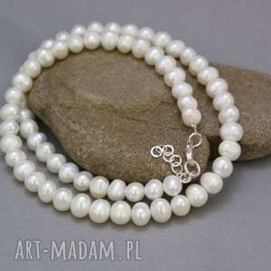 naszyjnik perły naturalne, sznur, srebrne, wykończenie