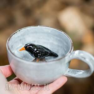 handmade ceramika filiżanka do herbaty z figurką - szpaka - wabi sabi - 320 ml