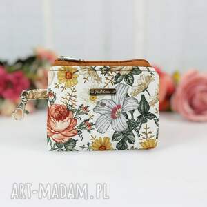 Mały portfelik saszetka zawieszka KWIATY BEŻ, portmonetka