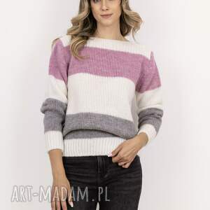 handmade swetry sweter w szerokie, kontrastowe pasy - swe290 ecru/szary/róż