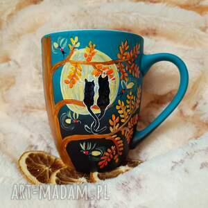 romantyczna kocia noc ze świetlikami pełnia księżyca malowany ręcznie, prezent