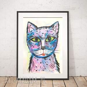 kot rysunek A4, bajkowy obrazek z kotem, kot grafika na ścianę, kolorowy rysunek