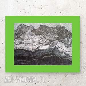 czarno biały rysunek z górami, nowoczesny rysunek 30x40, góry obraz ręcznie malowany