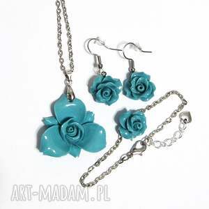 komplet 2 - turkusowo niebieska róża koral, bransoleta, kolczyki, biżuteria