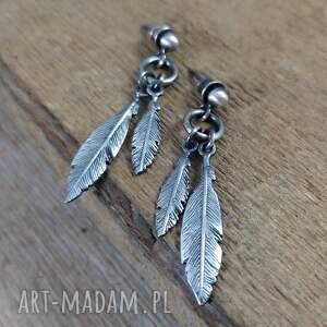 Kolczyki piórka, sztyfty, oksydowane, srebro 925, piórko