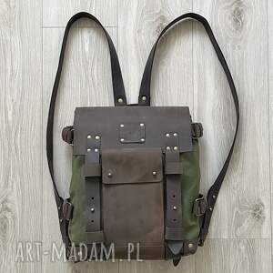 Plecak zielono brązowy ze skóry i bawełny woskowanej Vintage