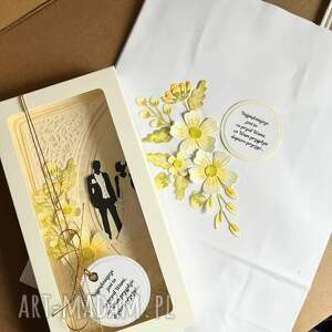 Kartka w pudełku na ślub z torebką - Młoda Para, biel i złoto (rękodzieło scrapbooking)