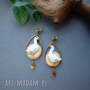 Kolczyki z białymi gąskami, gęś, gąska, natura, rustykalne