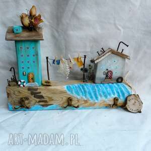 nadmorska wioska - wieszak drewno malowane domu domki morze pranie