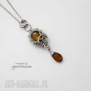 ręcznie wykonane wisiorki wisiorek kwarc piwny, wire wrapping, stal chirurgiczna