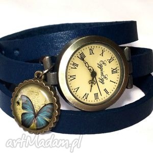 motyl - zegarek / bransoletka na skórzanym pasku retro vintage, romantyczny