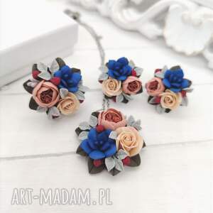 komplet biżuterii handmade z kwiatami - pierścionek, kolczyki i naszyjnik