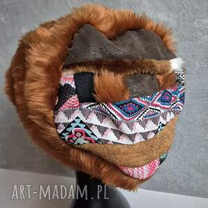futrzana czapka ruda góra patchworkowa folkowa na podszewce rozmiar