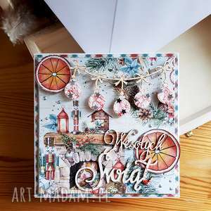 kartka świąteczna z bombkami i pomarańczą, święta, scrapbooking, życzenia