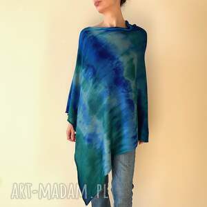 poncho narzutka z wełny merino blue green, ponczo tunika, unikat prezent