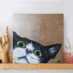 20x20 cm, ręcznie malowany, złocony, obraz na płótnie, kot kociarza obrazki