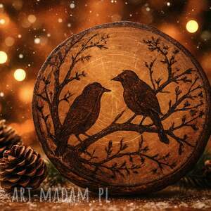 drewniana ręcznie wypalana podkładka pod kubek ptaki - prezent handmade