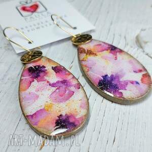 KOLCZYKI decoupage, stal chirurgiczna, wiszące, kwiaty
