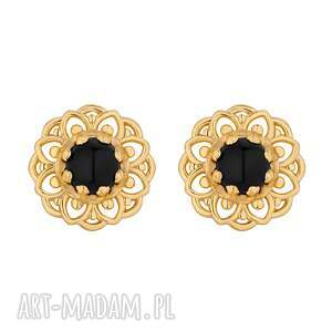 Złote z onyksami, kolczyki, pozłacany, czarny onyks, kamień