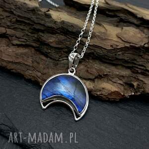 Niebieska lunula z labradorytem - srebrny naszyjnik handmade