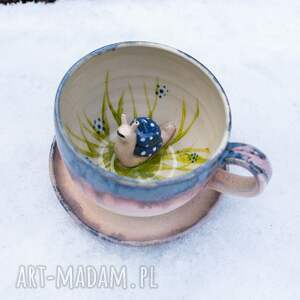 handmade ceramika filiżanka do herbaty z figurką ślimaka | do kawy | wiosenny beż | ok