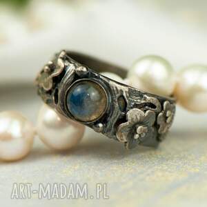 srebrna obrączka z labradorytem a947 - kwiatowy pierścionek, srebrny