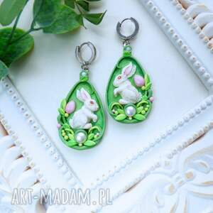 Wiosenne kolczyki z białym i perłą, króliczki, zajączek